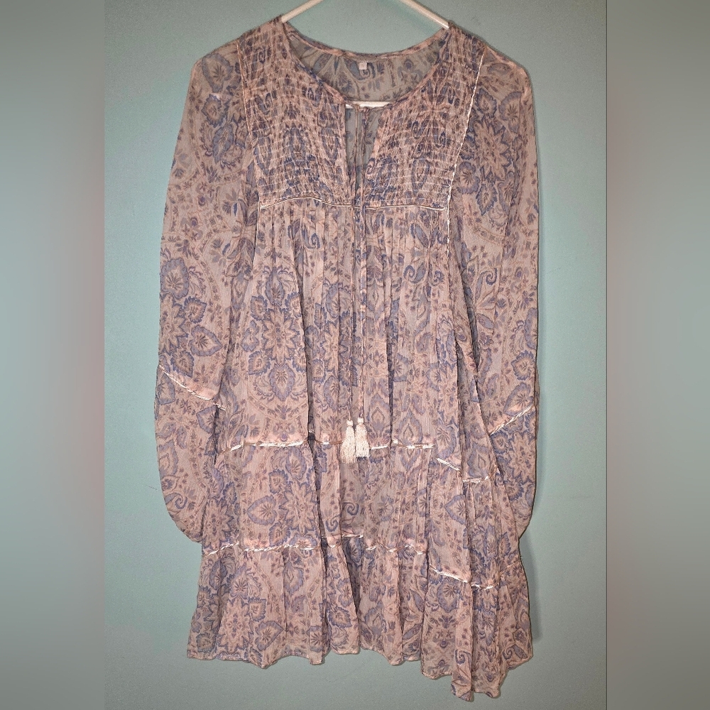 Olivaceous Floral Long Sleeve Dress in Lavender and Beige Boho Swing Small